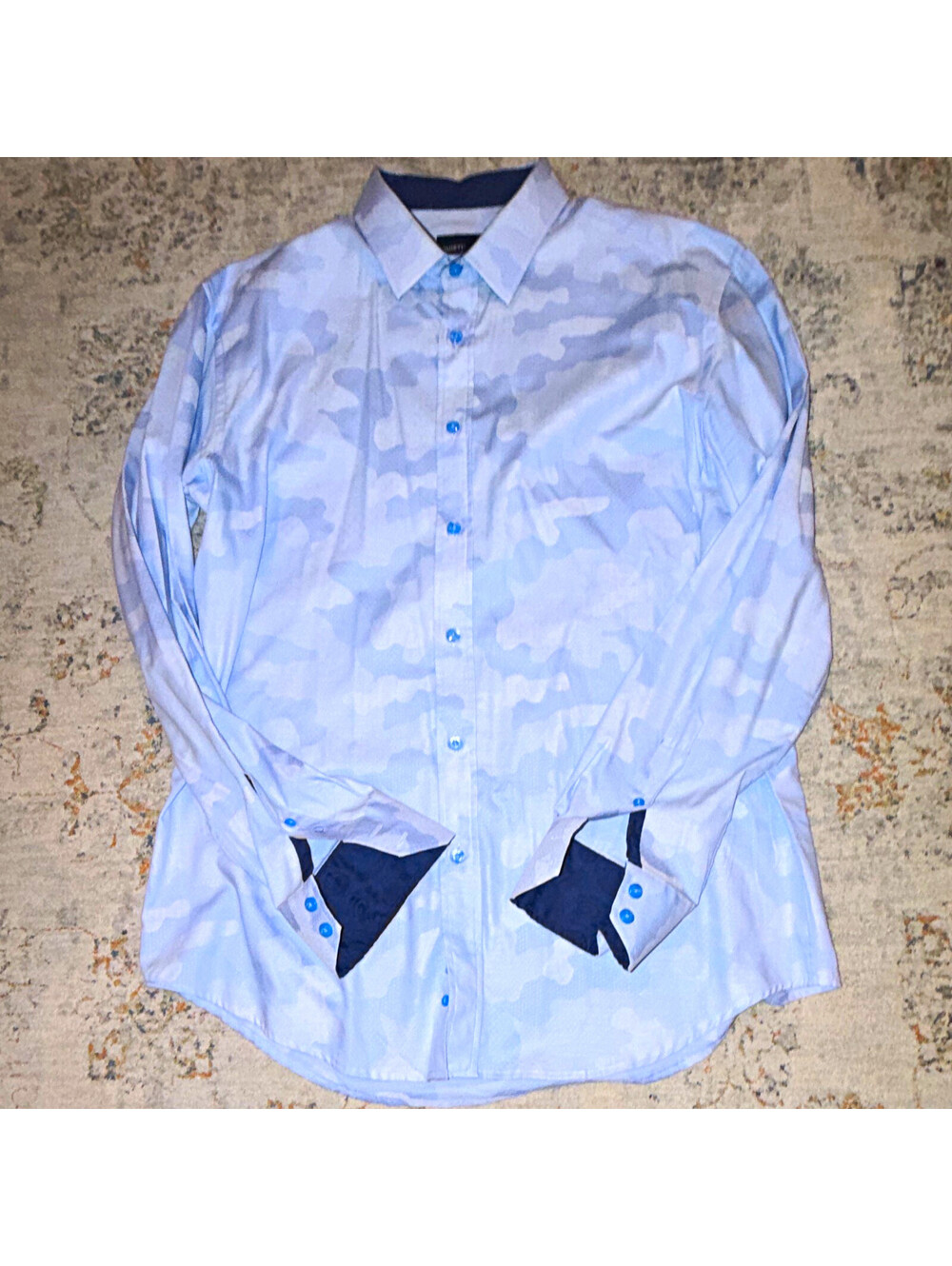 QUIETI Blue Gray Camo Men's L 34/35 Cotton Long Sleeve Point Dress Shirt A327